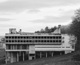 A black and white photo of a building that is an example of brutalist architecture.