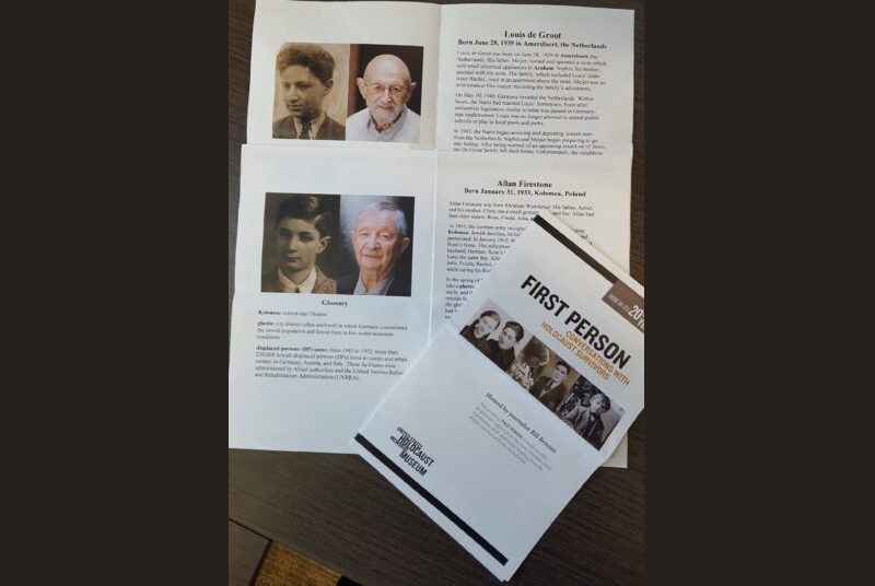 A pamphlet reading “first person. Conversations with Holocaust survivors.”