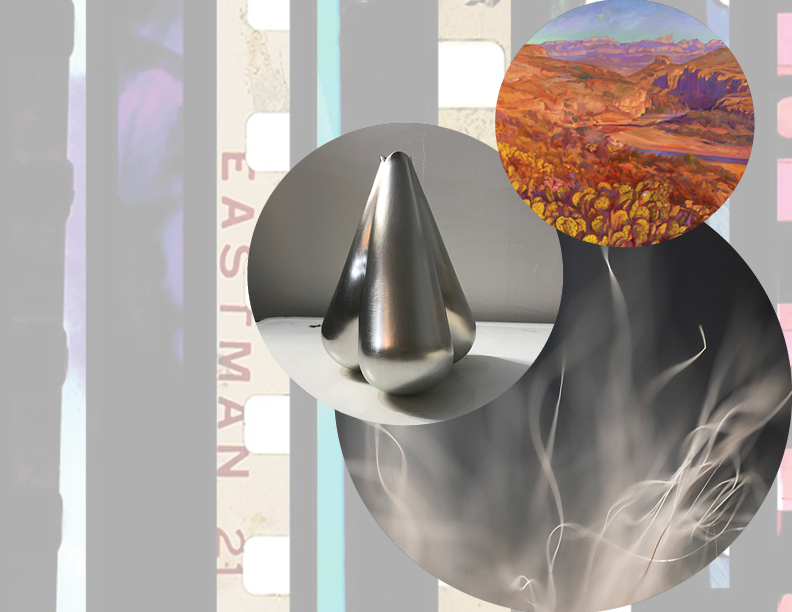 Background of old photographic film strips in various colors. Foreground shows three circular images. Bottom, photograph of abstract, white, hair-like projections. Left, tall candleholder made of pewter. Top, oil painting of Hot Springs Trail in Big Bend National Park.