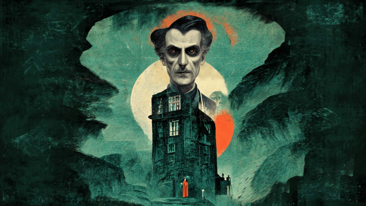 A dark green illustration of a tall house with the face of a man hovering behind it, with the moon behind him. A small figure in orange is at the door of the house.