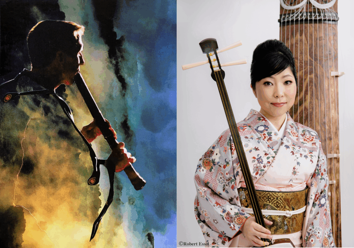 Two photos are together. On the left side: A man performs with a shakuhachi, an end-blown bamboo flute. On the right: A woman holds a shamisen, a three-stringed plucked lute, and stands in front of a koto, a 13-string zither. Both are traditional Japanese instruments.