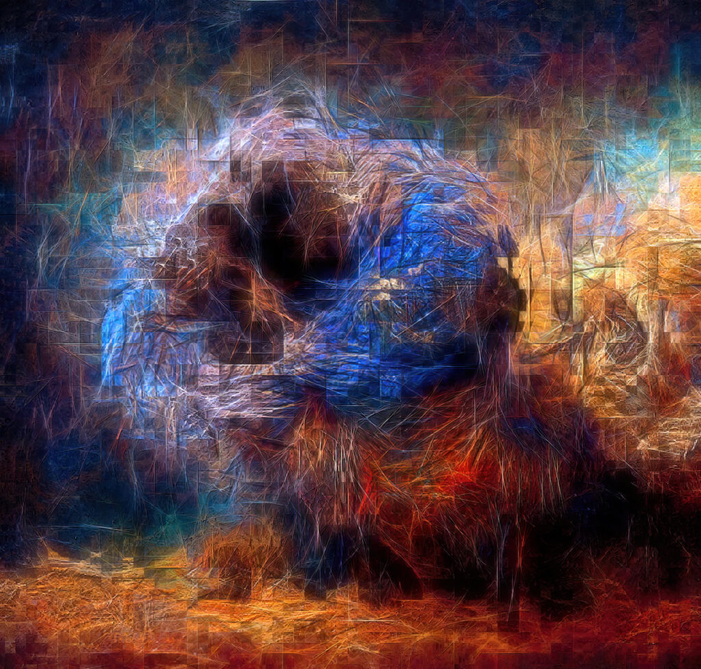 Abstract art with swirling colors of blue, reddish-orange, and yellow, featuring layered textures.