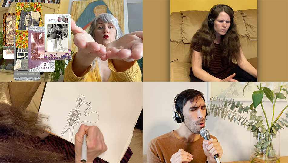 A computer screen is shown split into four equal quadrants. In the top left, a woman is holding out her hands toward the viewer, alongside vintage photographs. Bottom left: An artist's hand is visible, drawing a picture of a person and a snake. Top right: A woman is wearing headphones and is concentrating. Bottom right: A man wearing headphones sings into a microphone.