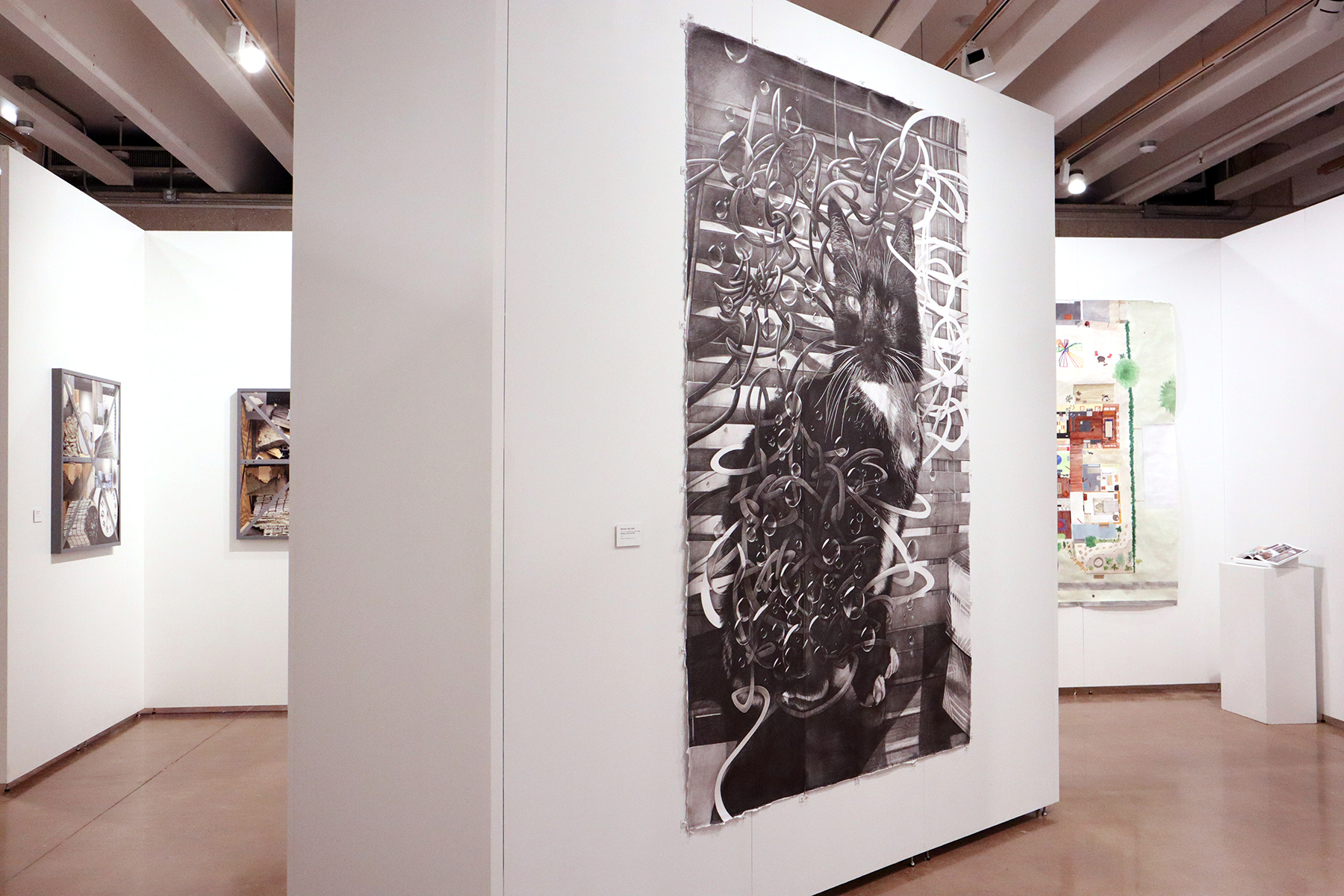 An art gallery is shown, with a wall in the foreground featuring a piece of art involving a cat and many squiggly cords around it.