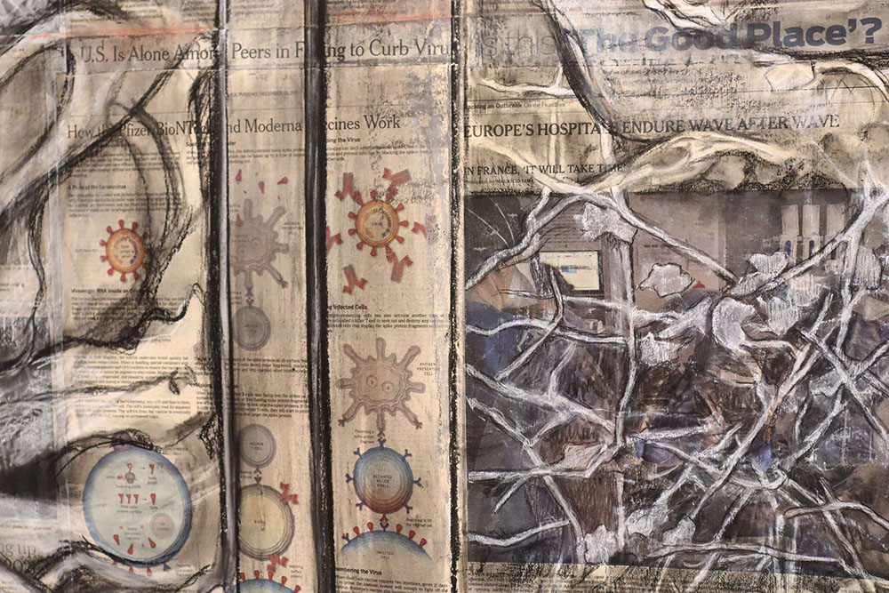 An artistic work titled "Pandemic Lamentations" that includes news clippings in a collage format.