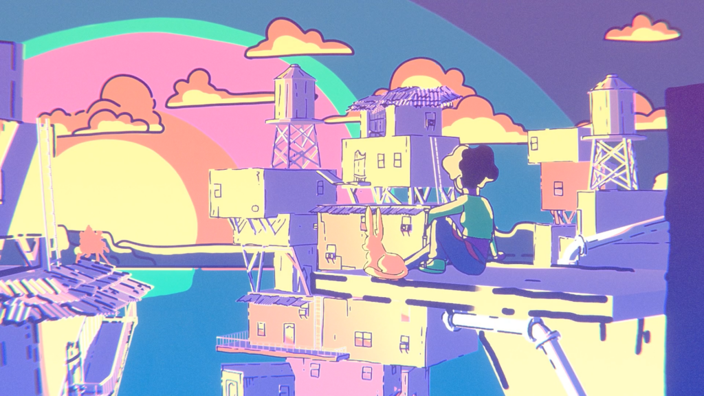 A brightly colored illustrated cityscape