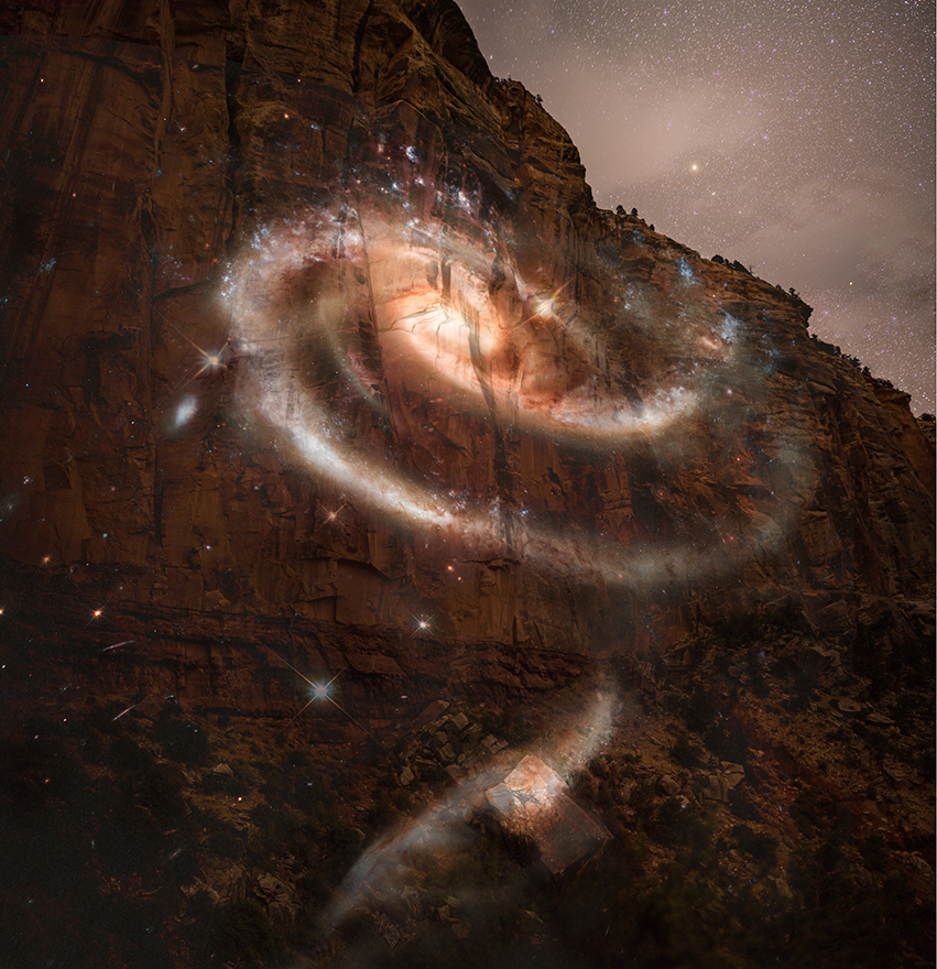 A piece of photographic art that shows a mountain and the stars beyond it, with lights in a spiral shape in the foreground.