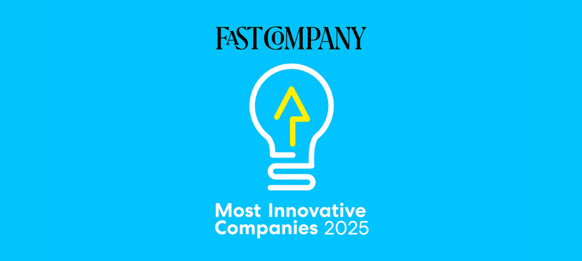 A blue illustration with a light bulb. Text reads: Fast Company — Most Innovative Companies 2025