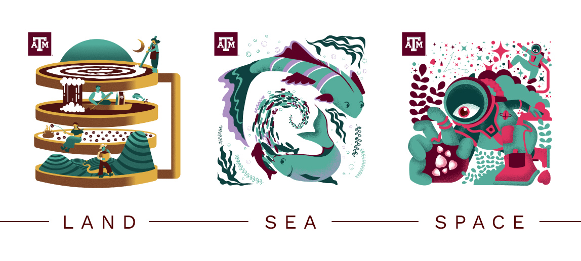 Three illustrations are shown representing land, sea and space, each with the Texas A&M logo in the top left corner.