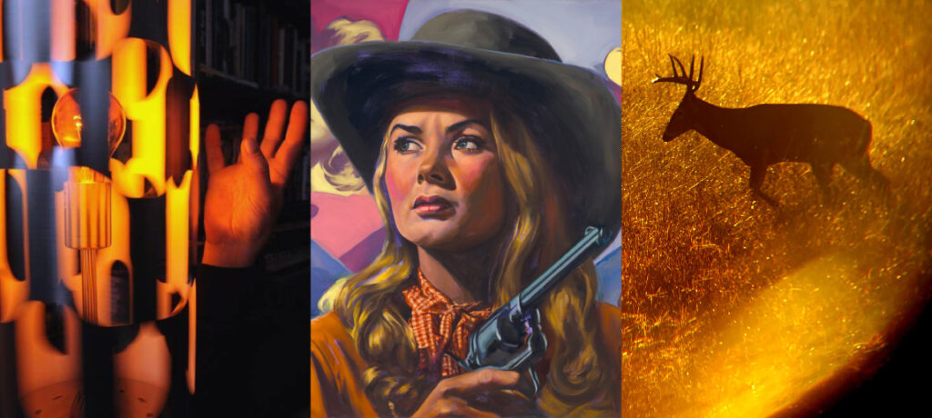 An artwork collage, including a painting of a woman in cowboy attire, and a silhouette of a deer.