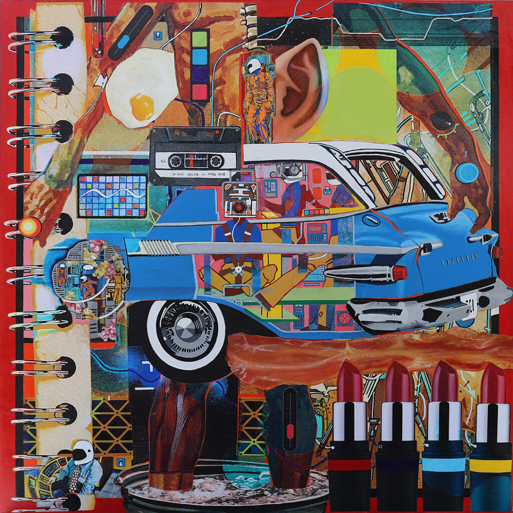 A mixed-media piece of art that is a collage of bright images, including a cassette tape, automobile, lipstick, a notebook and a fried egg.