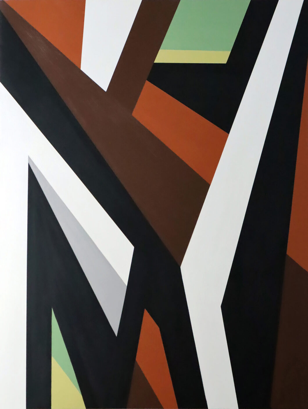 A vertical painting with various sharp lines and colors.