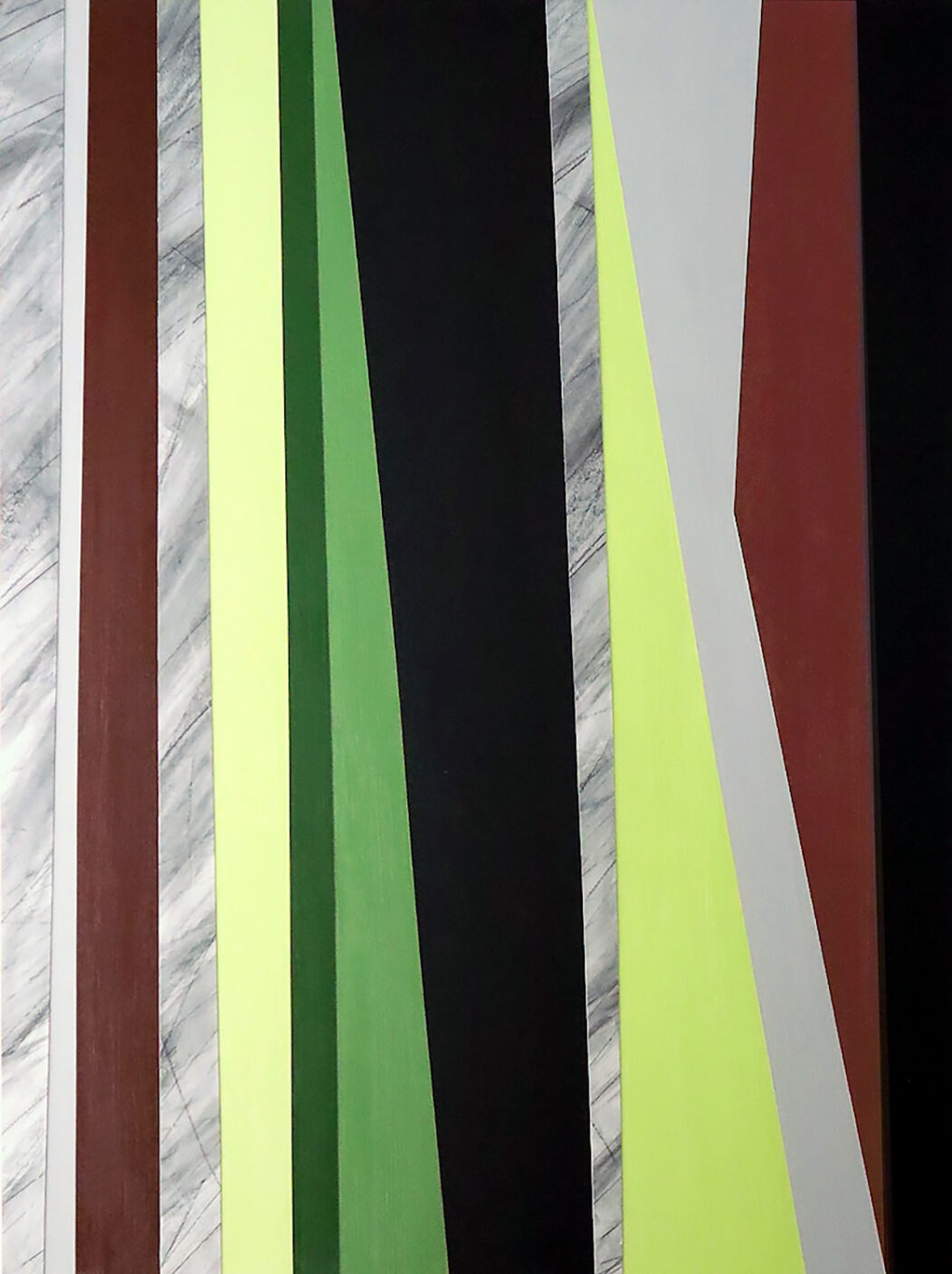 A vertical painting with various sharp lines and colors.