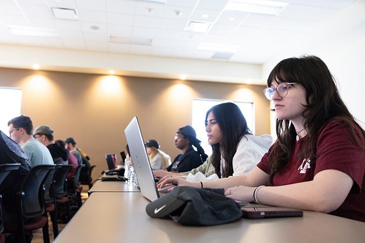 College students sit at a row of desks while working on their laptops.
