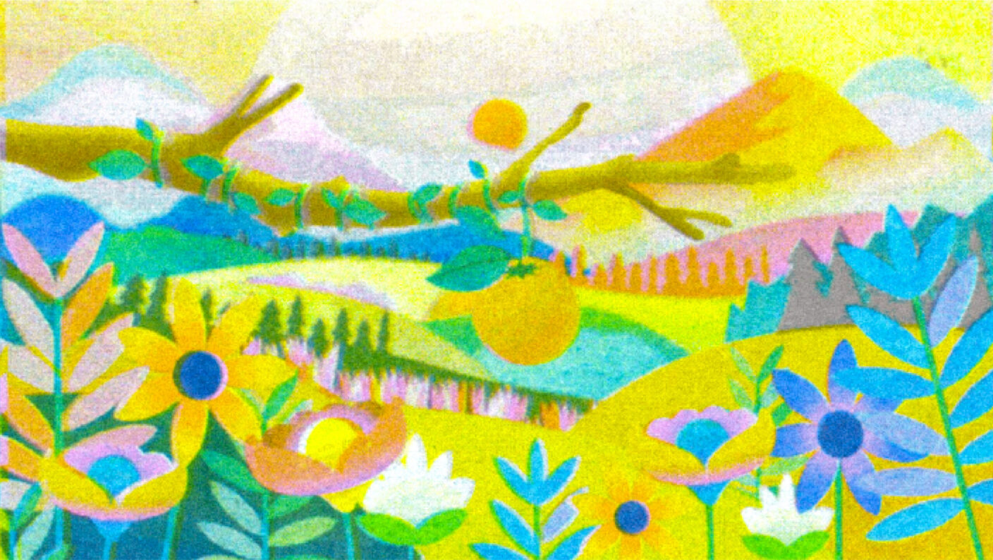 A brightly rendered outdoor scene with saturated colors. There's several flowers and a branch with an orange fruit hanging from it in the foreground. The background shows rolling hills, a stream and the sun peaking out behind some mountains.