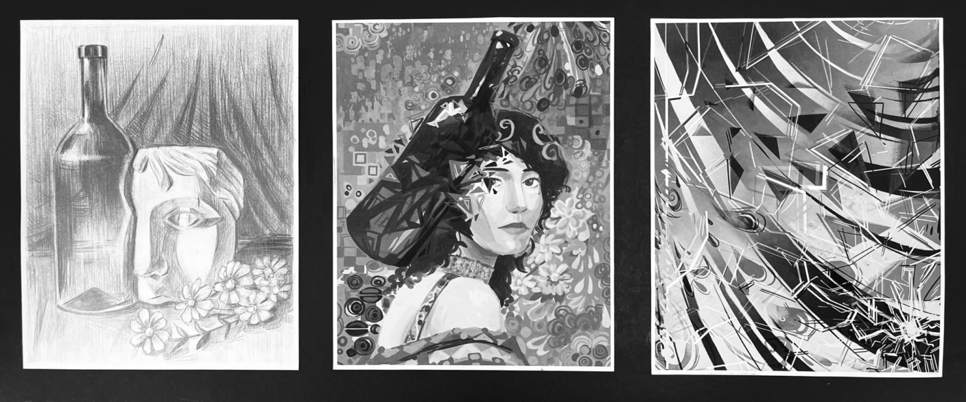 A trio of traditional black and white drawings all mounted to a black, rectangular piece of paper. From left to right the art gets more abstract. The first is a still life drawing of a wine bottle, flowers, and a partial sculpture of a face. The second is a geometric portrait of a woman who has her face partially obscured by a shattering wine bottle, surrounded by abstract floral shapes. The third is a completely abstracted depiction of geometric shapes and flowing lines.