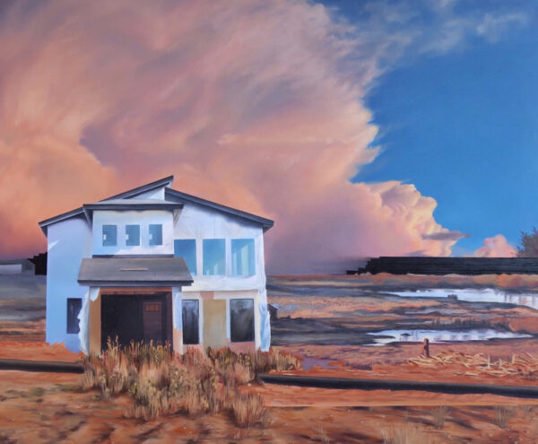 A painting of a house pn a farm with clouds and open terrain.