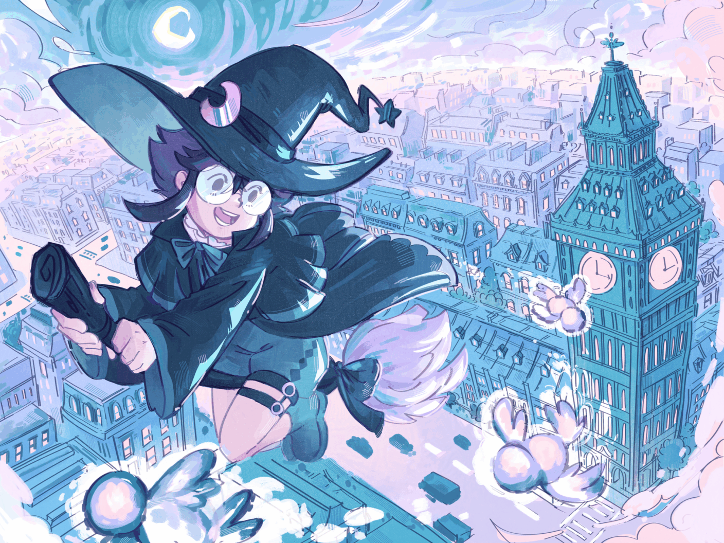 A digital artwork depicting a smiling girl, dressed as a witch, on a broomstick. She's flying high above a moonlit city scene containing a prominent, tall clocktower. Alongside her fly three bird-like creatures.