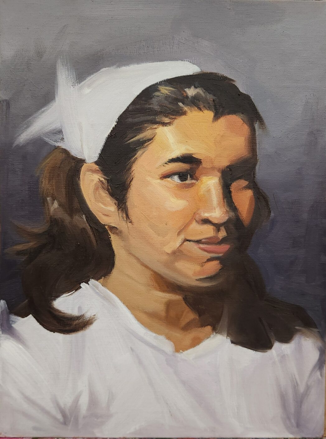 A portrait painting of a young woman. She is wearing a white shirt and has her dark hair pushed back into a white bandana.