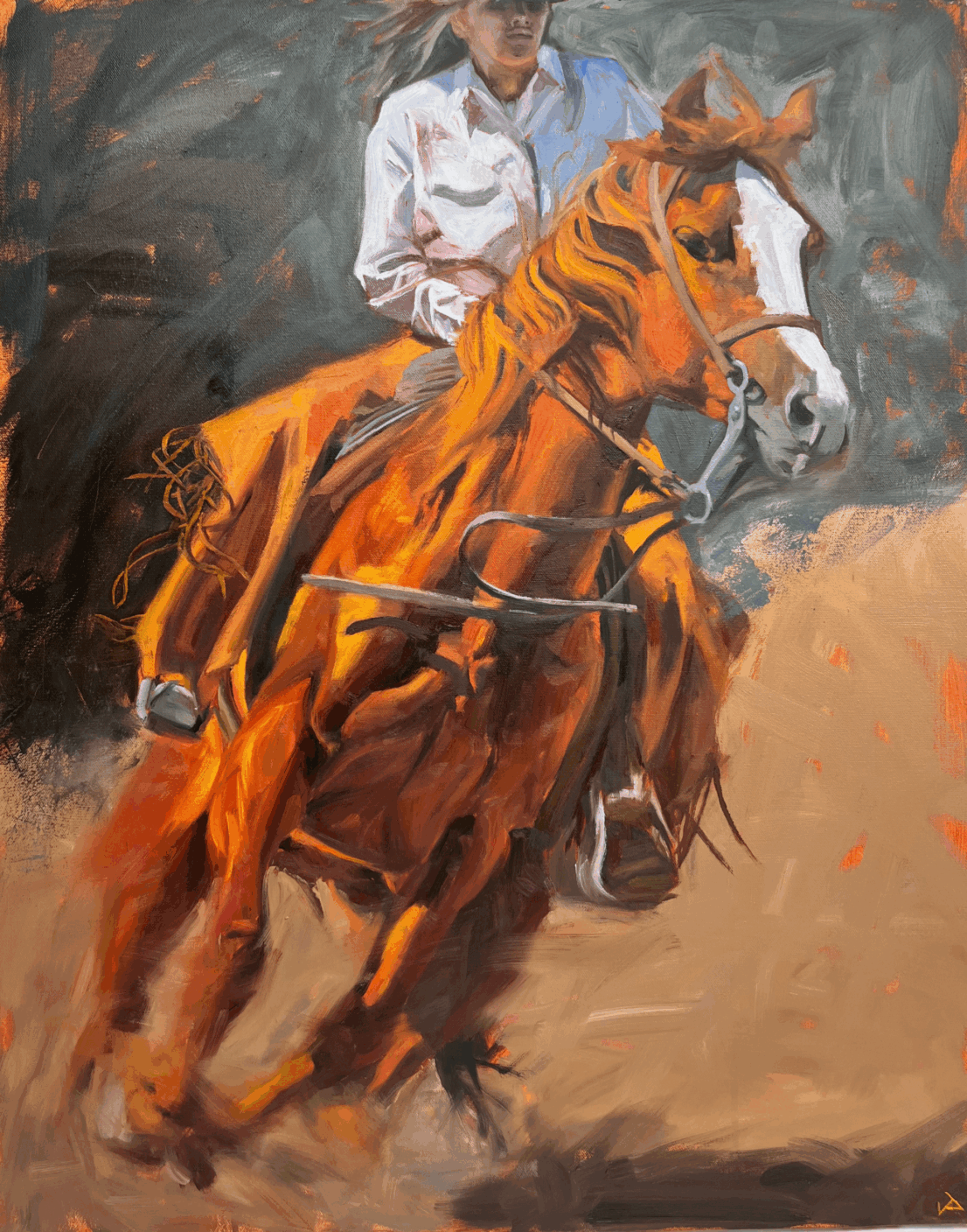 A painting depicting a woman in casual western clothes on a horse mid-gallop.