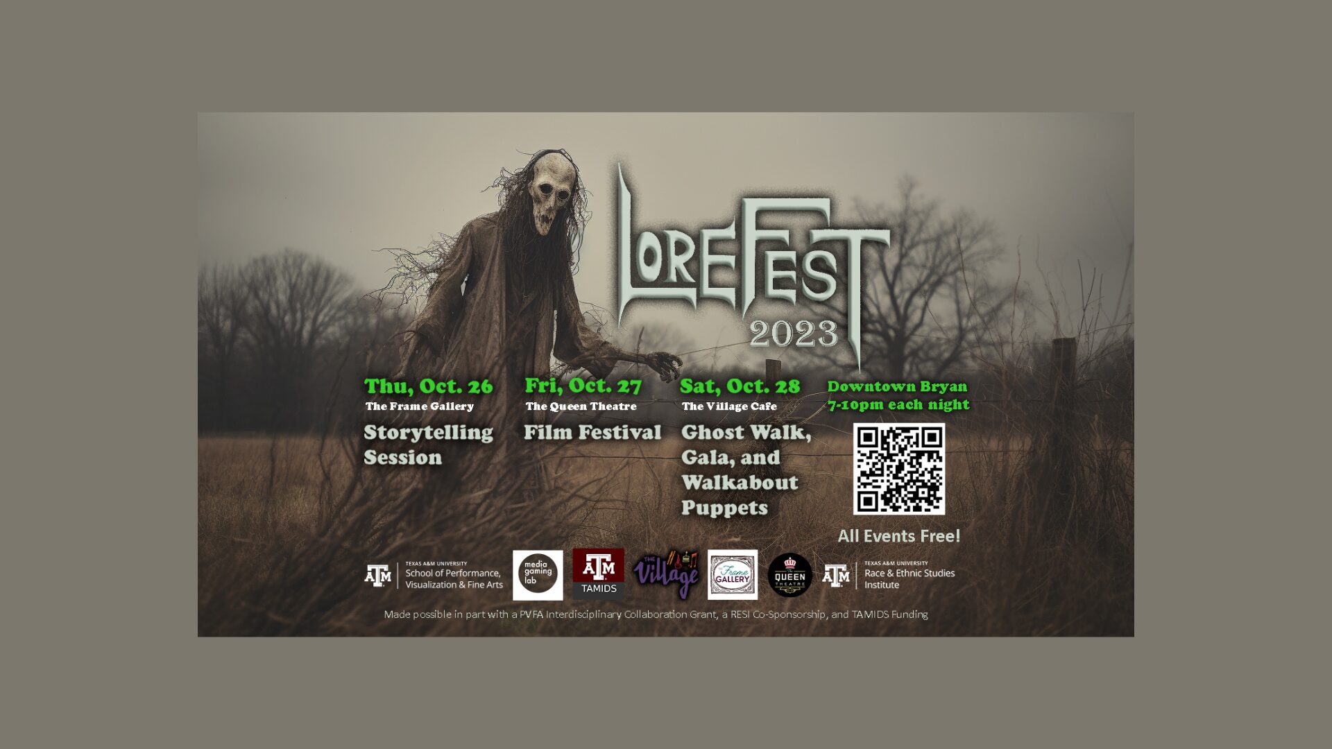 An image of a creepy masked puppet figure outside of a forest. Graphic for LoreFest 2023.