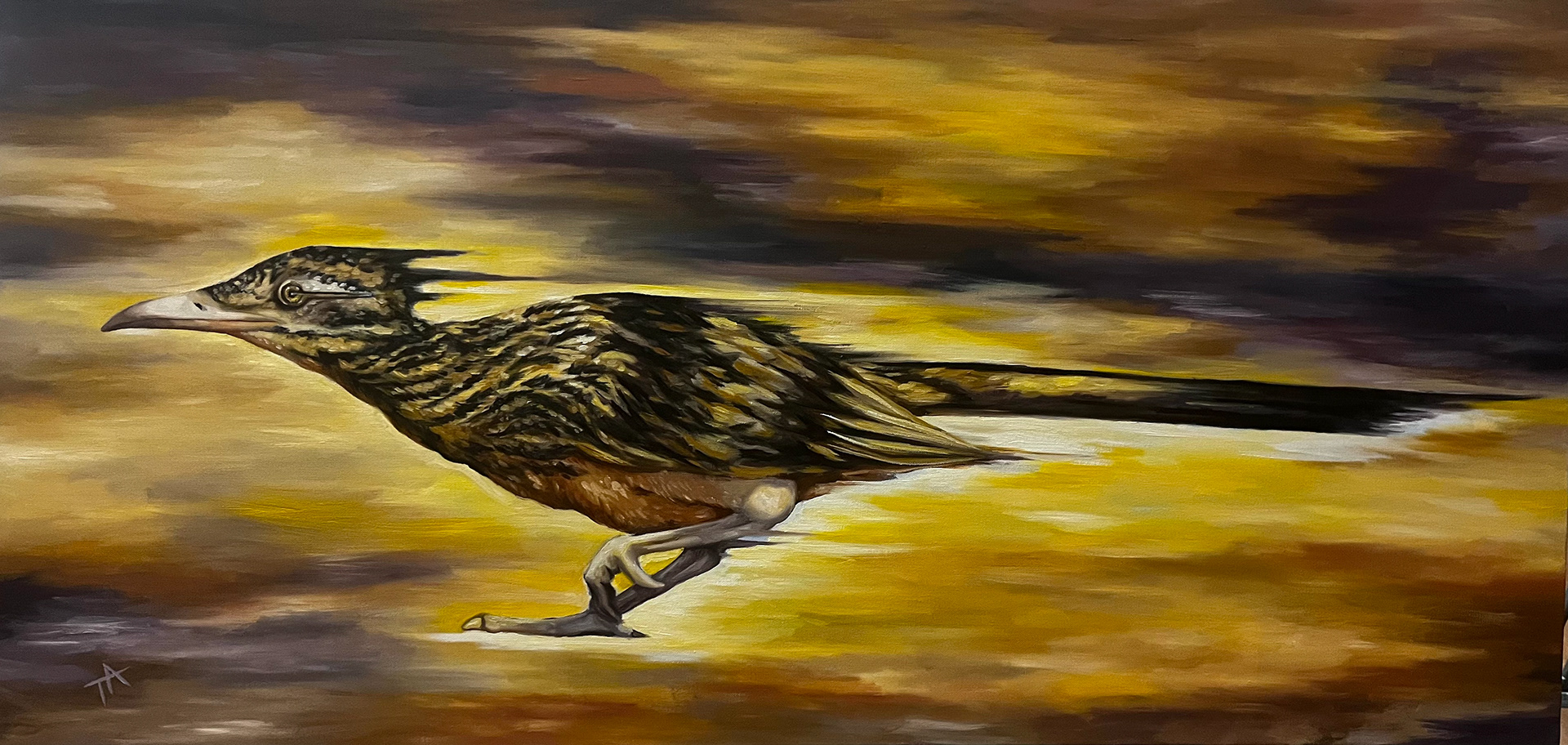 A painting depicting a roadrunner mid-stride. The background is blurred with only the roadrunner in focus.
