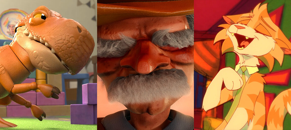 A trio of animated images, on the far left is an animated dinosaur, the middle an animated old man's face and the far right an animated cat.