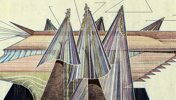 “Renegades: Bruce Goff and the American School of Architecture,” a painting of sharp triangles.
