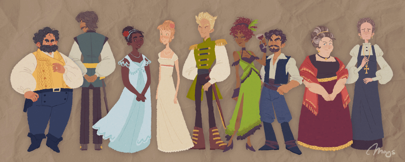 A digital artwork depicting the character designs of nine adult people. There is a wide variety shown of age, race and level of dressiness. The designs of the clothes are reminiscent of the regency era.