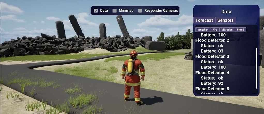 A virtual firefighter avatar stands on a field in a virtual landscape.