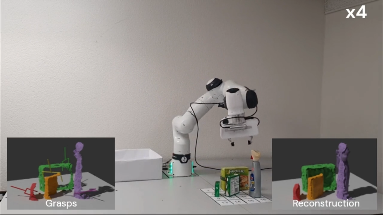 a robotic arm holds various objects with an overlay of two seperate images that say 'graps' and 'reconstruction' that seem to be 3D printed material.