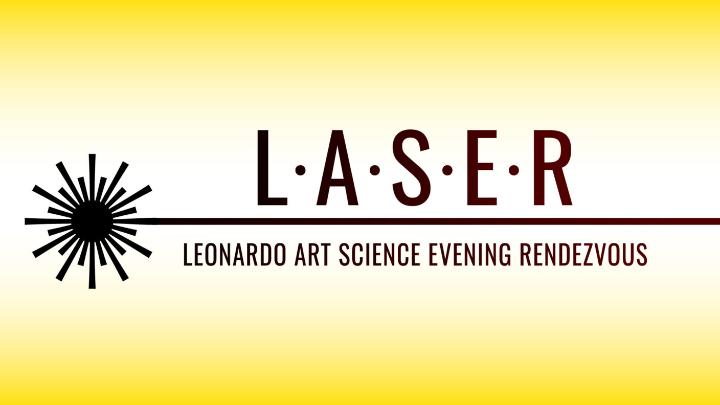 Yellow LASER Talk series graph with the words "Leonardo Art Science Evening Rendezvous"