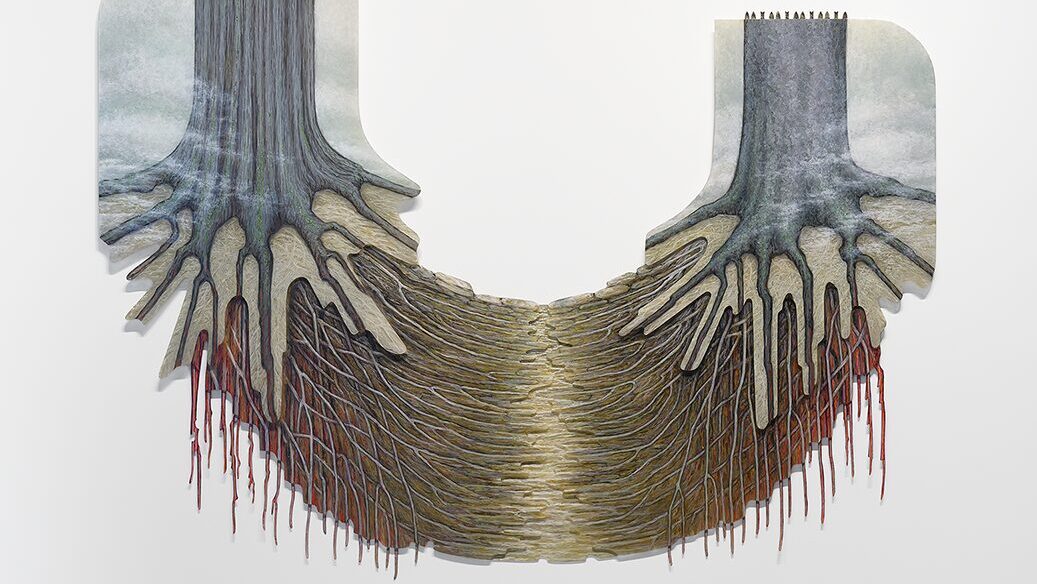 A piece of artwork that depicts two tree trunks and the roots connecting them underground.
