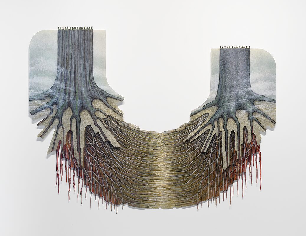 A piece of artwork that depicts two tree trunks and the roots connecting them underground.