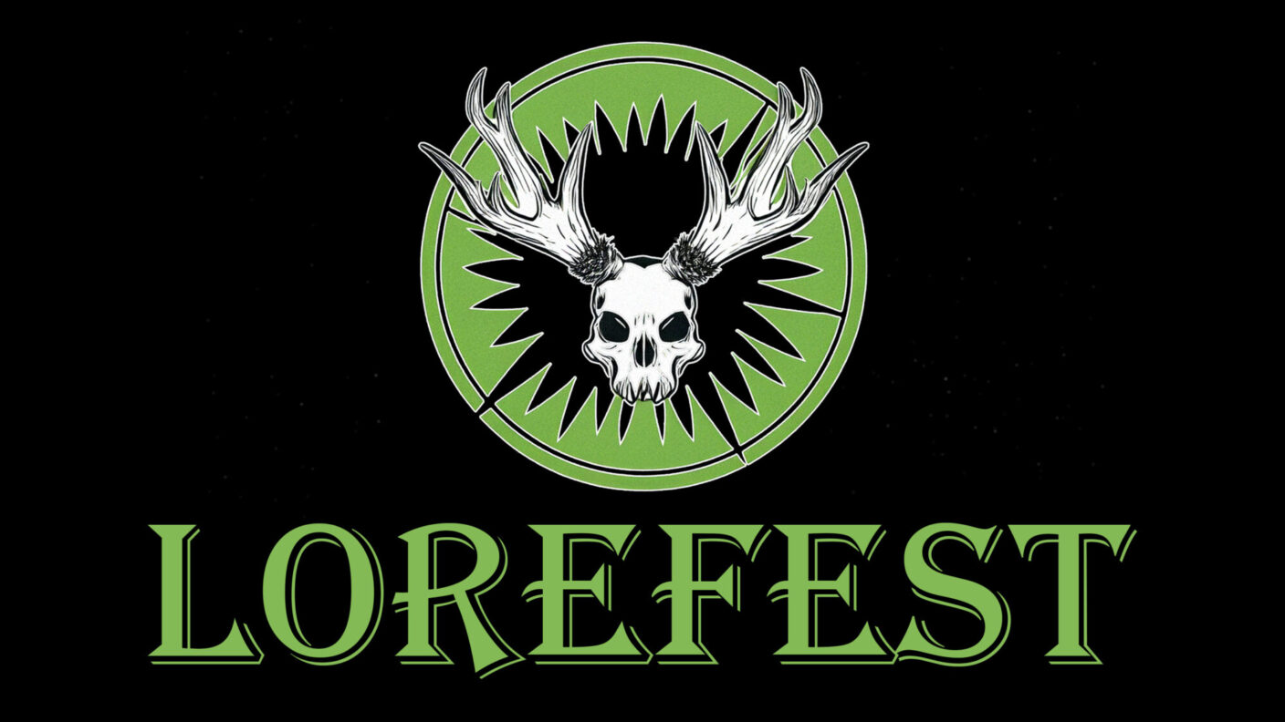 Black Lorefest graphic with a deer skull and the word Lorefest