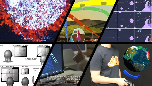 A multi-layer image with six different sections, the top three images show red bubbles, a video game girl character and a chart with purple circles. the bottom images show a rendering of a person's face in gray scale, a computer screen and a person holding a remote control with a computer generated image of planet Earth.
