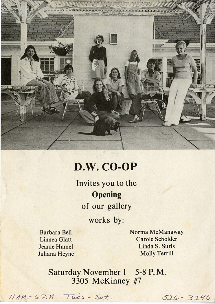 A postcard invitation with an image of 8 women on a patio 