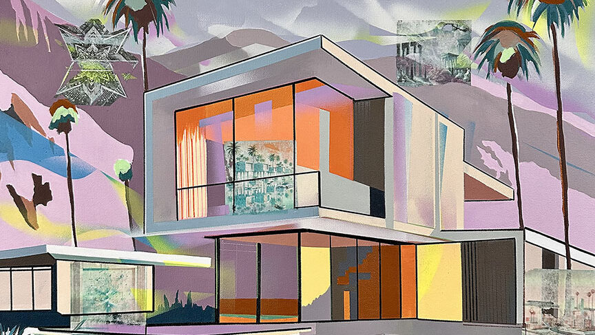 A painting of an apartment complex looking building with a pool in the front of the building and palm trees on the sides.