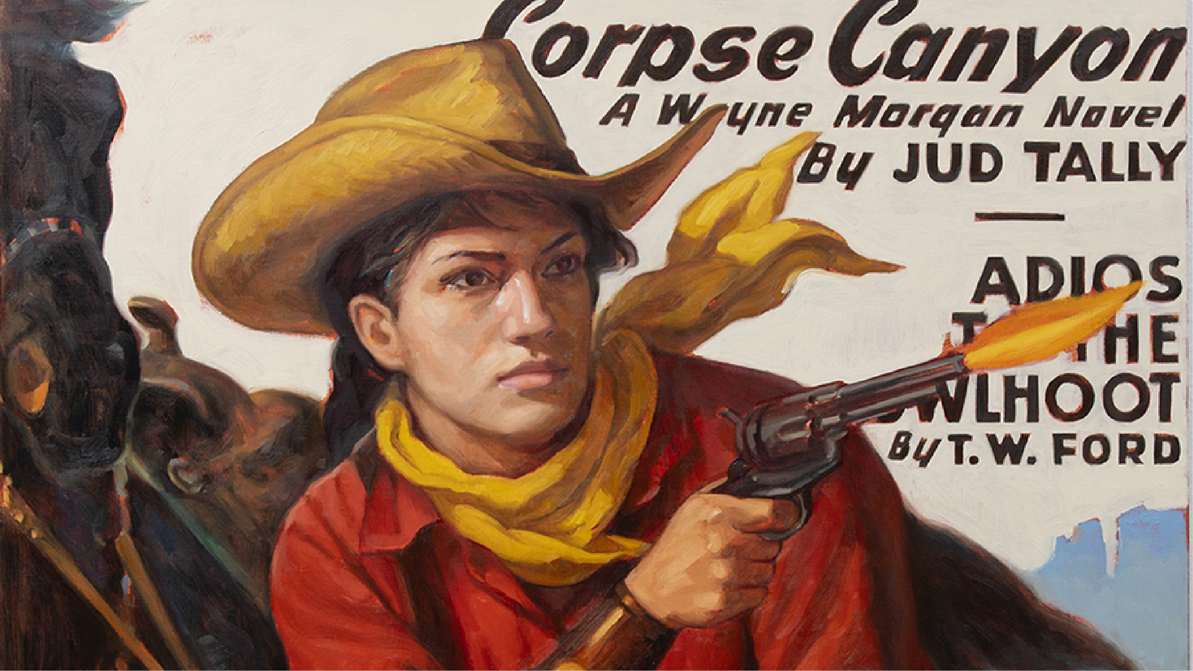 A painting infographic with a cowgirl, a horse to her right and she is holding a gun with a flare coming out of it. The words: "Corpse Canyon a Wayne Morgan Novel by Jud Tally Adios to the WlHoot by T.W. Ford" are on the painting.
